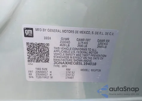 2025 Chevrolet Equinox Fwd Lt из США, поврежденный, VIN 3GNAXHEG8SL194018